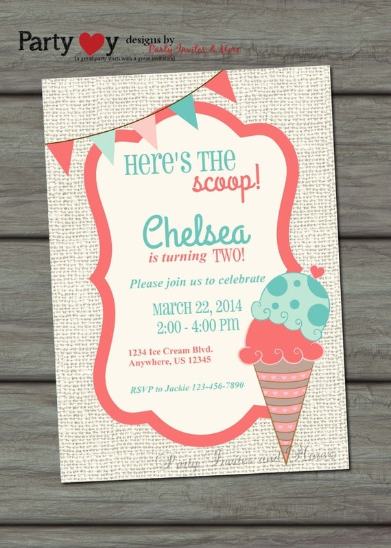 Ice Cream Invitation, Ice Cream Birthday Invitation, Ice Cream Party Invitation, Burlap Birthday Invitation