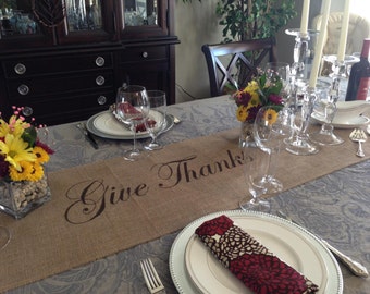 Thanksgiving table runner Burlap Table Runner 12", 14" or 15" wide with Give Thanks in the center - long lengths Holiday decorating Home