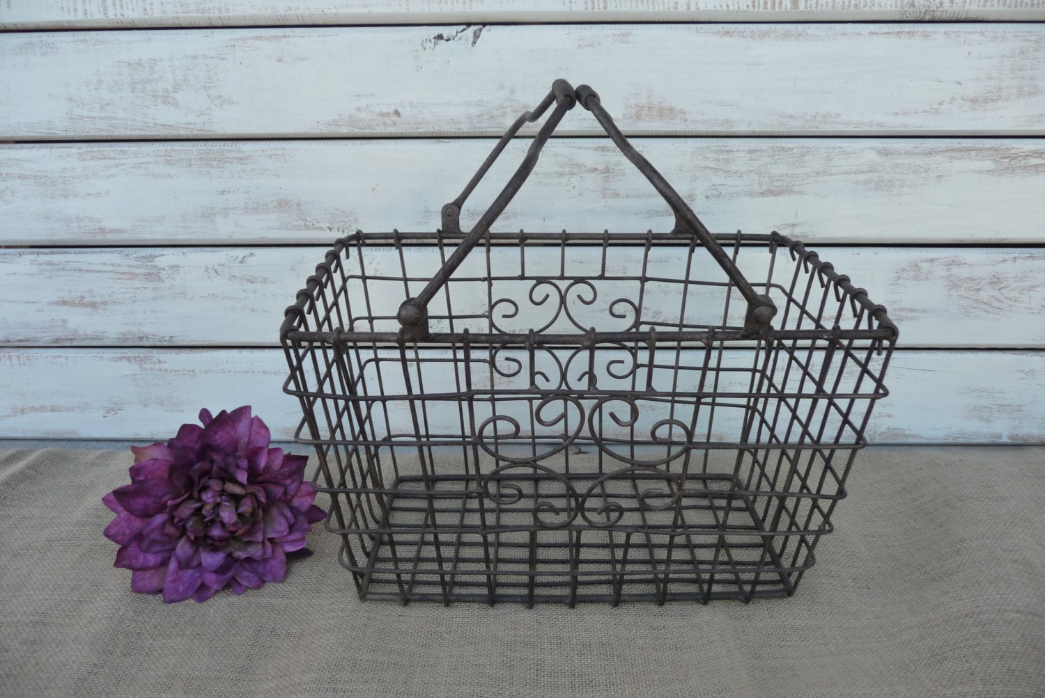 Metal Wire Gathering Basket with Handles Rustic Home Decor