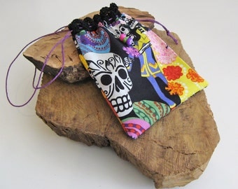 Dia de los Muertos Drawstring Pouch with Hand Crocheted Lace, Neck Pouch, Ancestors Pouch, Day of the Dead Trinket Bag