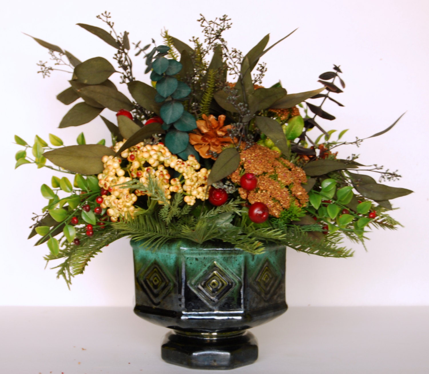 Silk Floral Arrangement with Christmas Greens and Berries