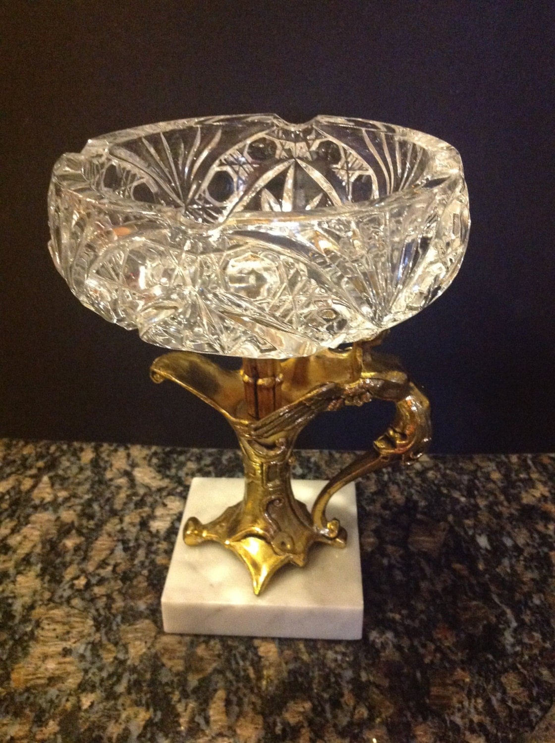Vintage Crystal Ashtray on Gold Metal Angel and Marble