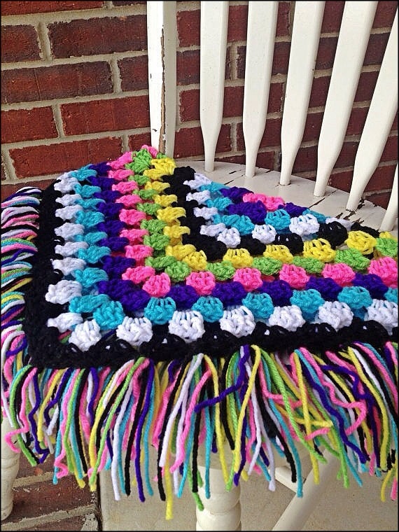 Items similar to MultiColor Crocheted Granny Square with Fringe Baby Blanket on Etsy