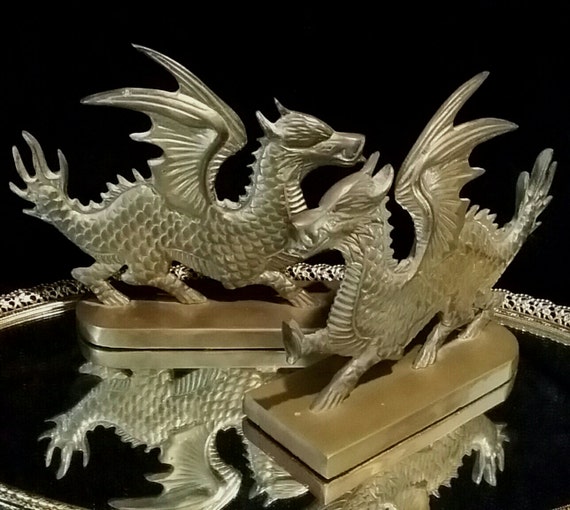 Vintage Brass Bronze Dragon Sculpture Bookends Book Ends Pair