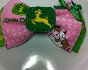 Fabric Hair Bow, John deere, John Deere fabric, John deere tractor, Fabric bows, Farm animals, John deere baby, John deere baby girl, Fabric