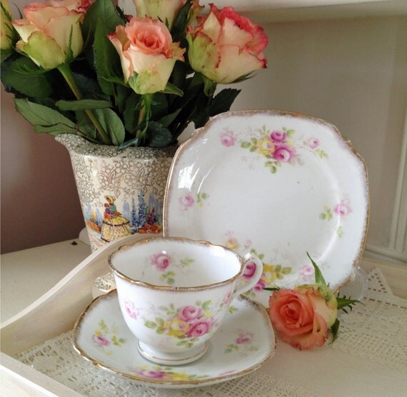 Vintage trio) bone  Tea in saucer cup (tea  and trios cup plate saucer and vintage and  china cup cake