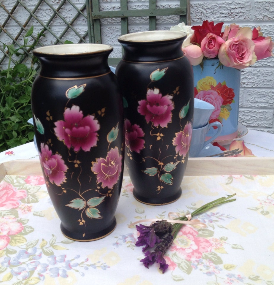 Vintage Antique black vase with pink hand painted flowers