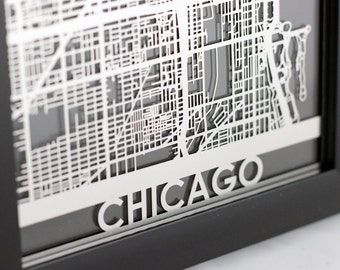 Chicago Illinois Stainless Steel Laser Cut Map - 5x7" Framed | Wall Art