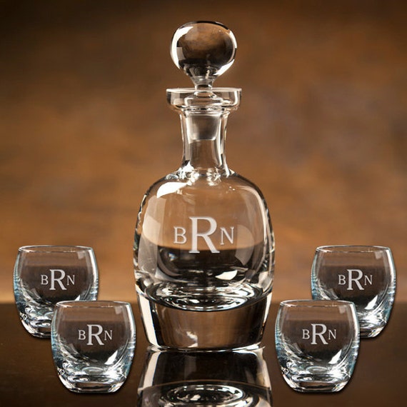 Scotch Whiskey Decanter Set 4 Roly Poly Glasses & Free