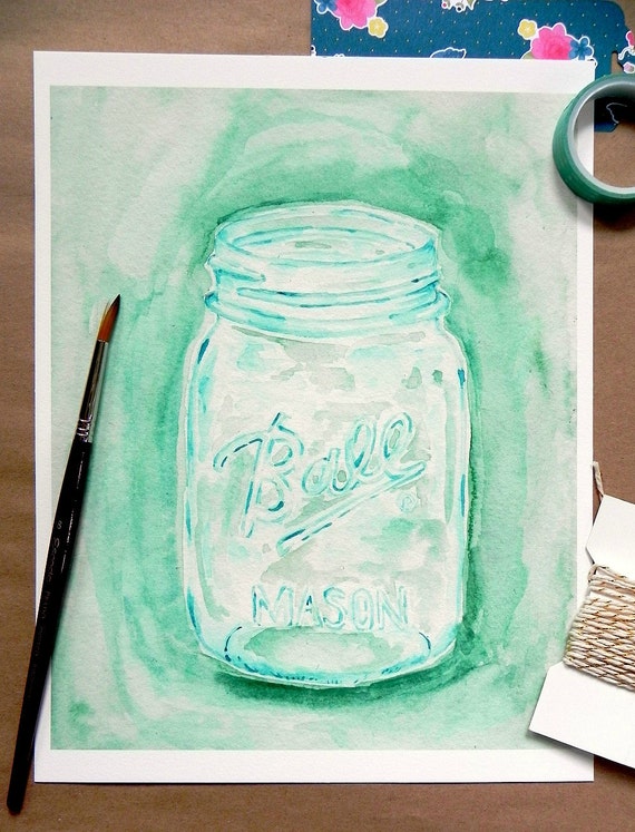 Kitchen Art/ Mason Jar Art Print/ Watercolor Ball Jar 8x10