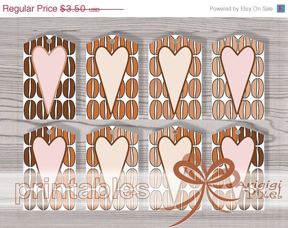 ON SALE 50 % OFF Printable Diy Gift Tags, Hearts and Coffee Beans , brown, pink, Png Pdf file instant download Il_570xn