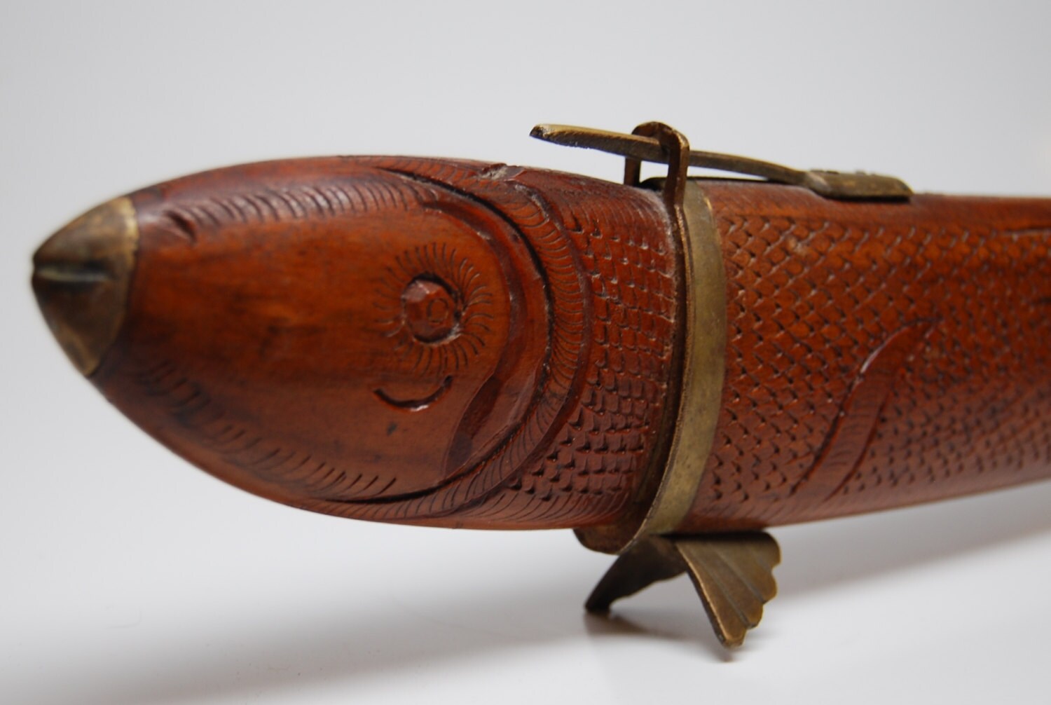 Vintage Wood Knife and Fork Set Carved Wood Figural Fish