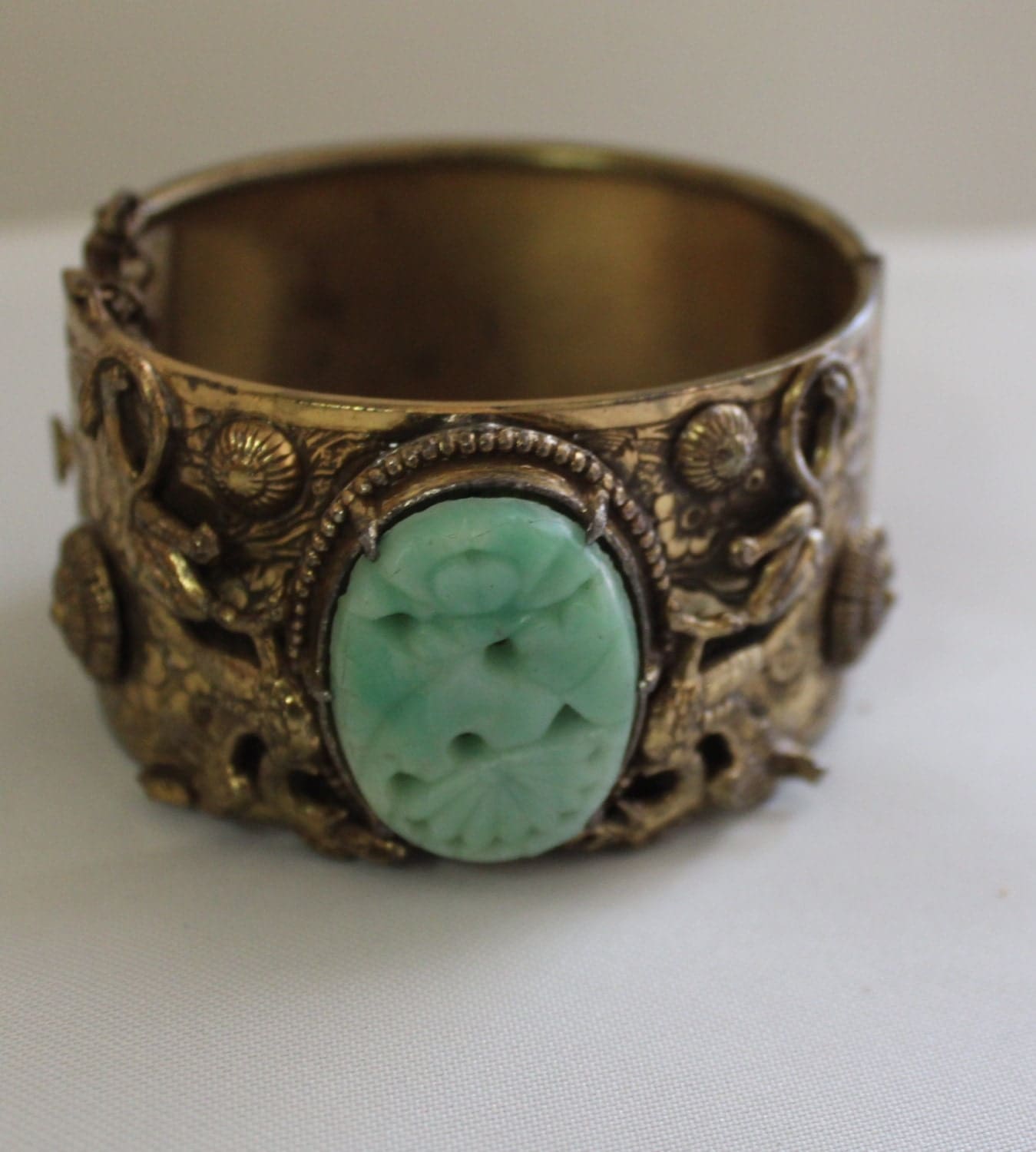 Antique Vintage Chinese Carved Jade Gold Gilt Dragon Bracelet