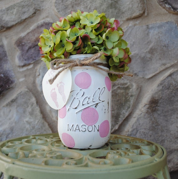 Shabby Chic Vintage-inspired hand-painted distressed jars/vase - baby girl shower centerpiece