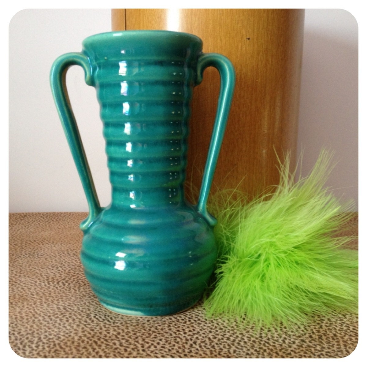Vintage Green Vase Marked USA Handles Ribbed