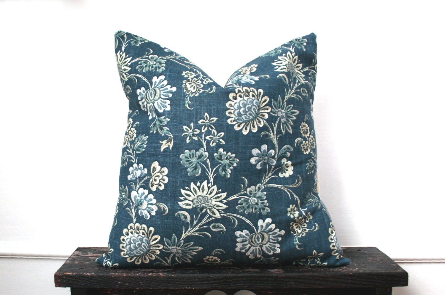 Blue and White Pillow Cover Floral Print Linen by CariJoyDesigns