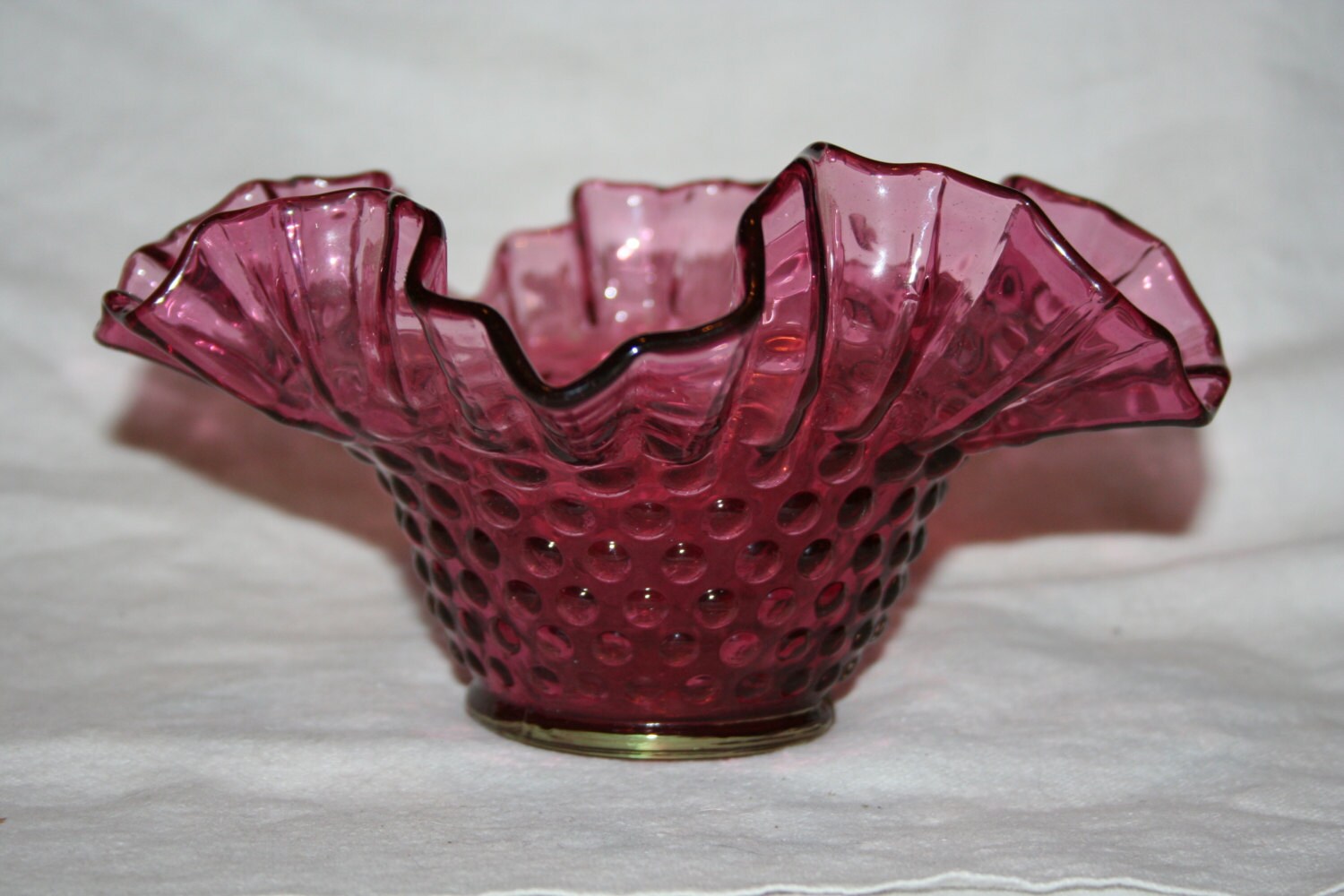 Vintage Kanawha Purplish Pink Ruffled Hobnail Opalescent Bowl