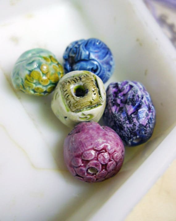 Polymer Clay Beads - 5 Rustic Glazed Beads -  Textured Rounds, Illustrated Pod - Purple, Blue, Metallic Gold - Colorful Art Bead Set