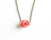 Polymer clay coral pink rose necklace antique brass salmon Fimo