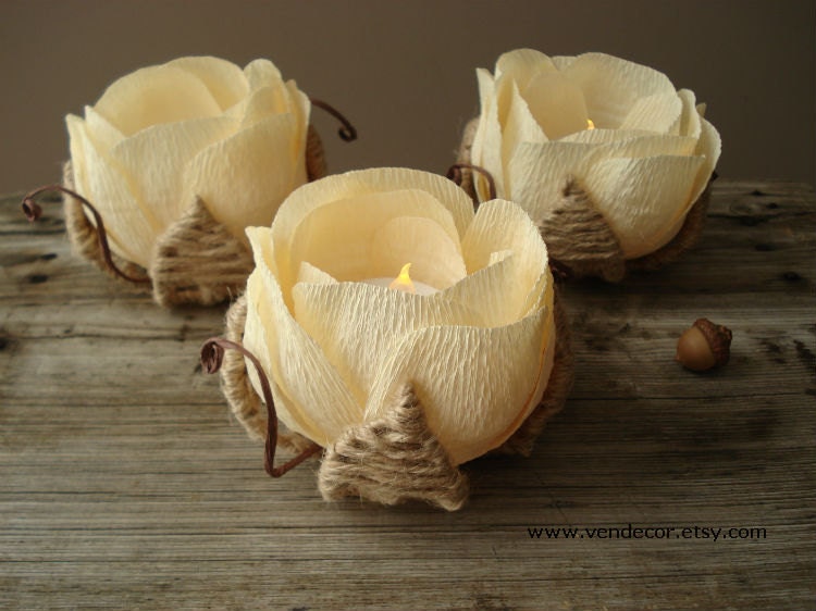 Rustic Champagne Flower Led Holders- Set of 3, Wedding Table Led Centerpiece, Rustic Elegant Led Candle Holder, Rustic Country Wedding Decor