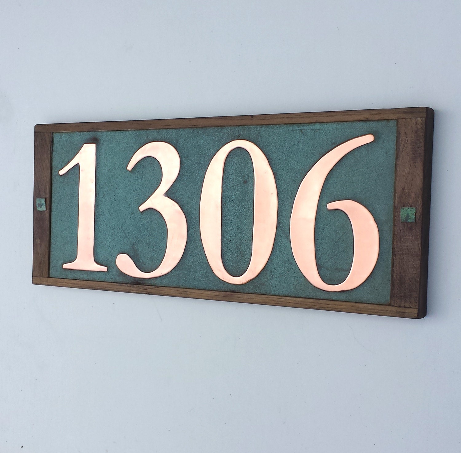 Large Real Copper House numbers 6/150mm high in oak