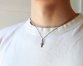 Men's Cross Necklace , Necklace for men, Bronze Cross charm, black cord, gift for him,Cross Necklace