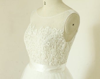 A-line sheer ivory wedding dress, lace tulle wedding gown, see through wedding dress, beach destination wedding dress