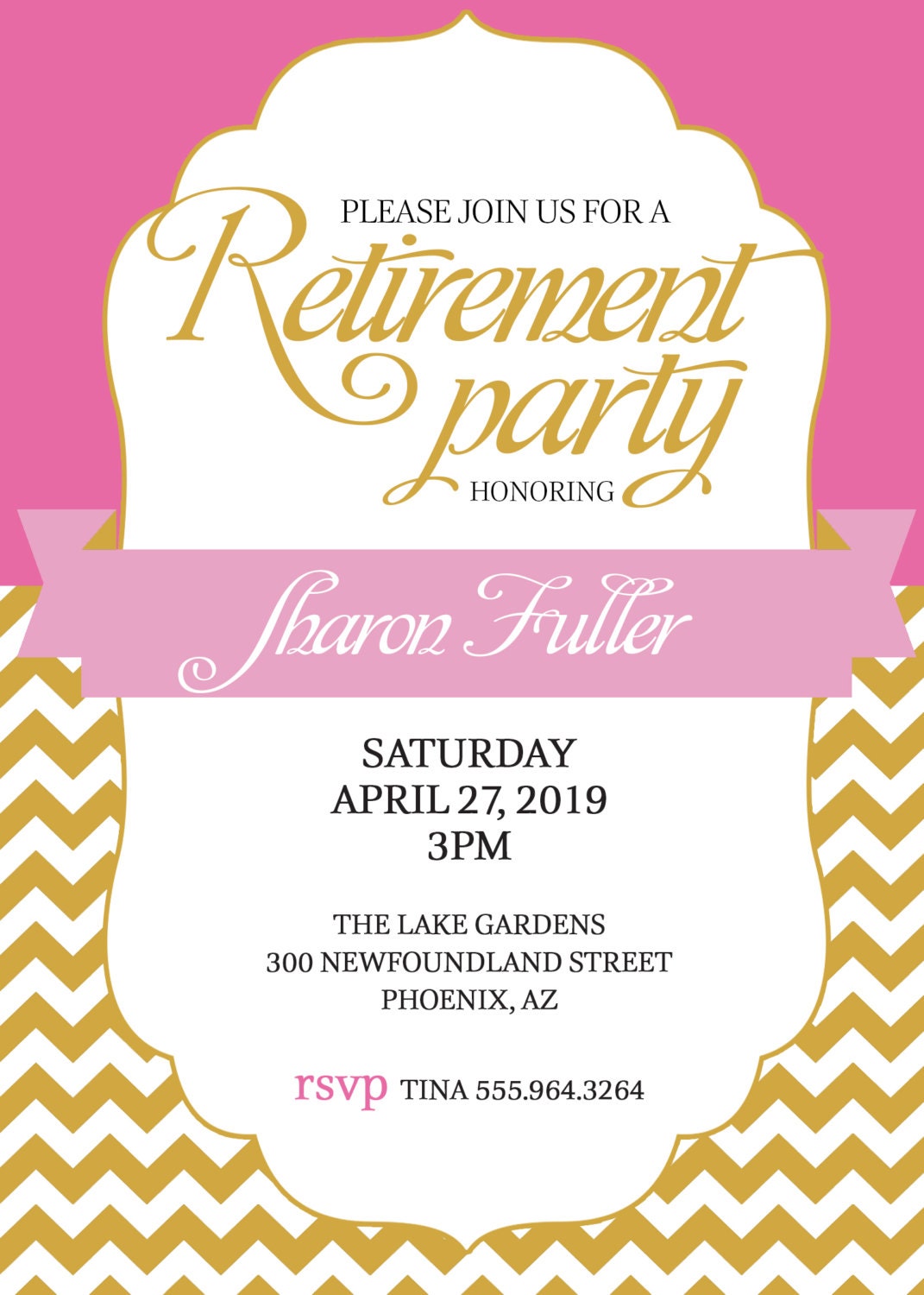 RETIREMENT PARTY Invitation Pink and Gold or Pick Color