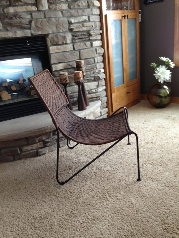 Wicker & Wrought Iron Sling Scoop Chair Frederic Weinberg