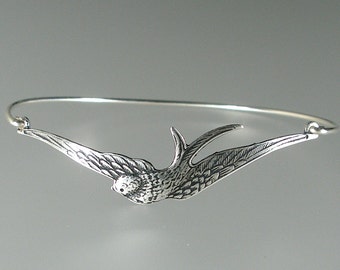 Silver Swallow Bangle Bracelet, Silver Bangle Bracelet, Silver Swallow Bracelet, Bridesmaid Jewelry, Silver Bracelet (168S,)