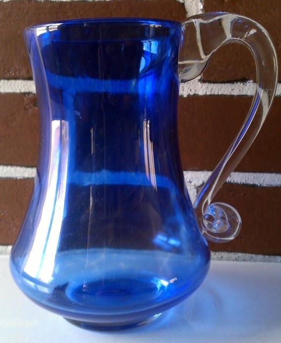 Vintage Blue Art Glass Pitcher With Clear Glass by HunkoFunko