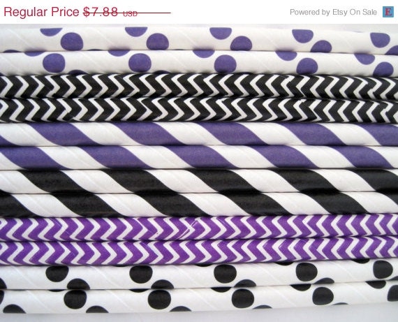 15% off - 50 Black and Purple Paper Straw Mix - Stripe, Dot & Chevron - ships less than 24 hours Il_570xn