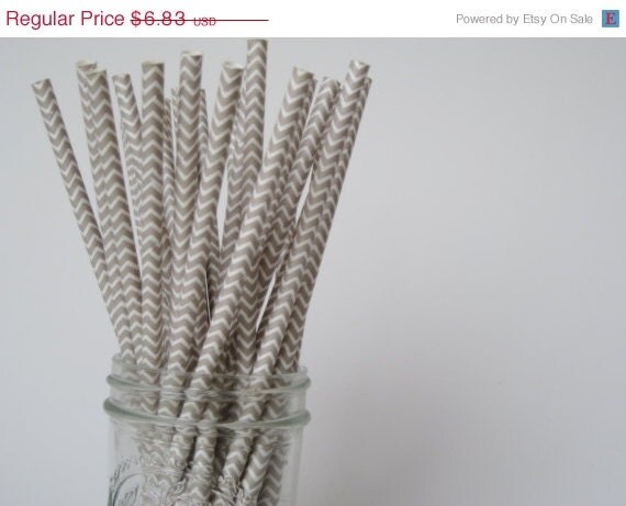 ON SALE 50 grey / silver and White CHEVRON Paper Straw - ships less than 24 hours Il_570xn