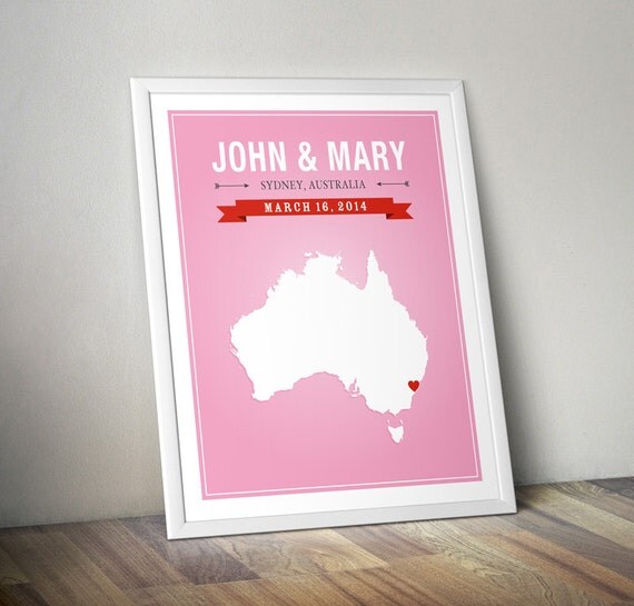 Personalized Australia Wedding Gift - Custom Map Australia Art Print ...