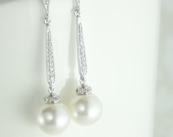long pearl earrings,bridal pearl drop earrings,pearl drop earring,white pearl earrings,statement pearl earrings,vintage style pearl earrings
