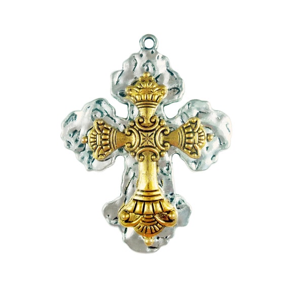 Tone with pcs  Accents gold   Pendant charm  Large Hammered Cross cross Gold hammered  59x46mm