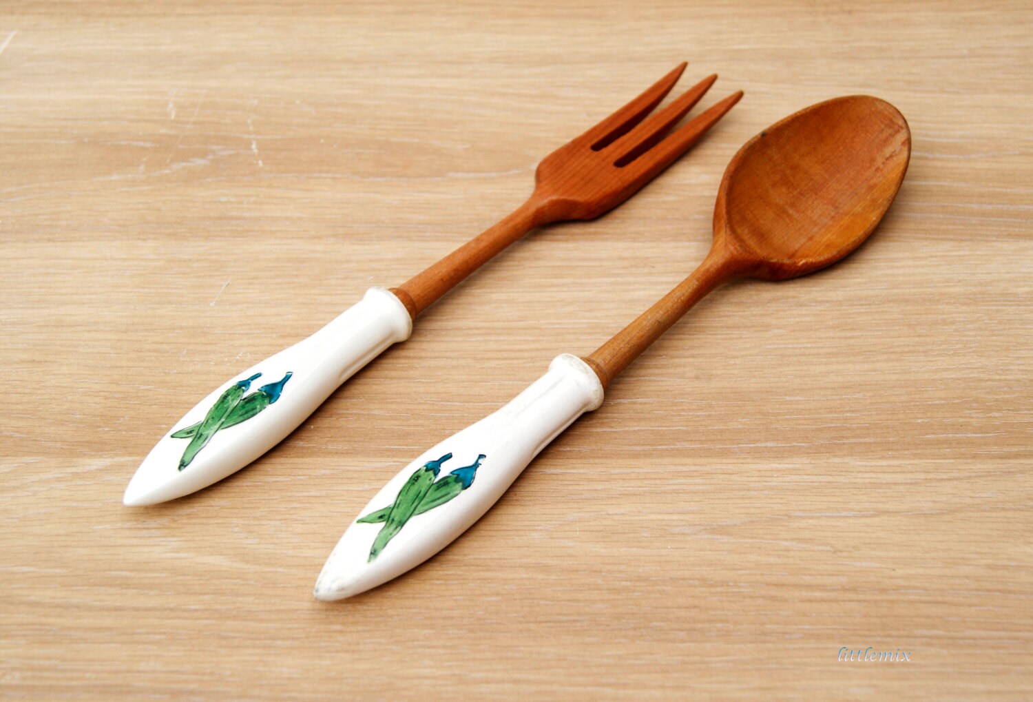 Vintage Ceramic Handle Salad Fork and Spoon Set. Stamped
