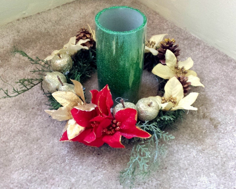 Holiday Floral Candle Ring: Red and Gold Poinsettias, Gold Glitter Acorns, Faux Pine and Holiday Bling