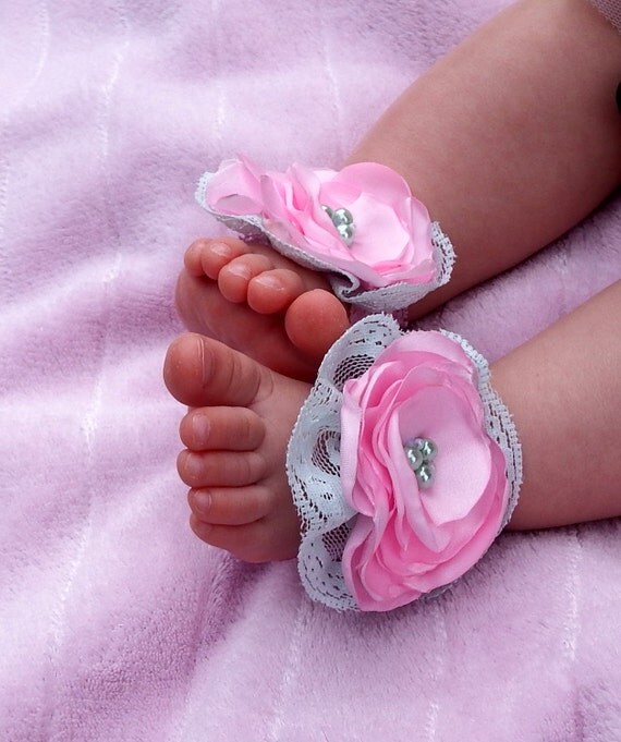 baby girl handmade fabric flower bare foot sandals up to 6