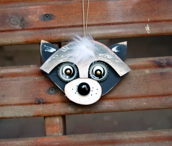 Raccoon Ornament, Recycled Hand Made  raccoon folk art upcycled raccoon art