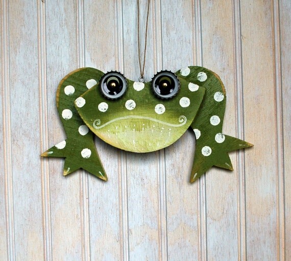 Frog Ornament, Recycled Hand Made Frog Ornament Original Frog Art