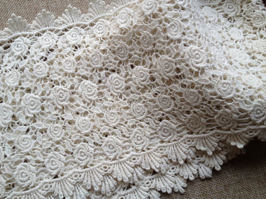 Vintage Ecru Wide Lace Trim Cotton Fabric Lace with Roses