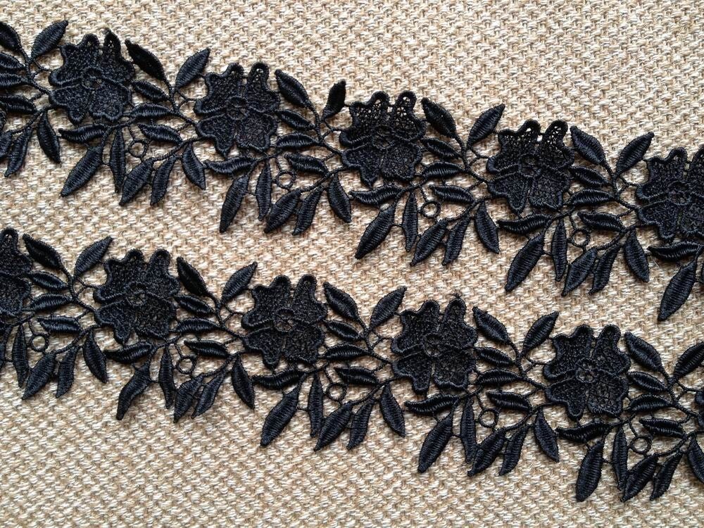Black Lace Trim Leaf and Flowers Lace Applique Bridesmaid