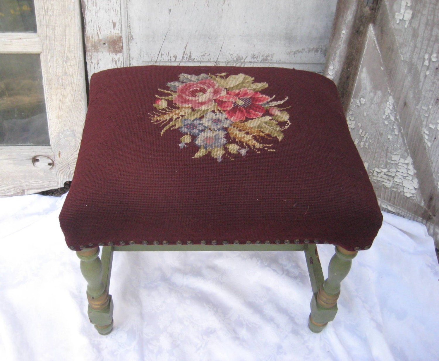 Vintage needlepoint bench piano bench eggplant moss green