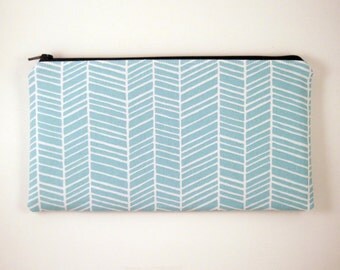 Blue Herringbone Zipper Pouch, Make Up Bag, Pencil Pouch, Gadget Bag