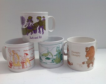 Set of Four Vintage Staffordshire Pottery Nursery Mugs featuring Nursary Rhyme Characters.