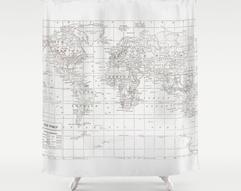 White on White World Map Shower Curtain - Historical map - Home Decor - Bathroom - travel decor, minimalist, fabric, bathroom, crisp, clean