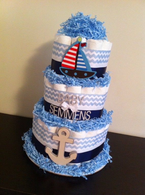 3 Tier Nautical Diaper Cake Boy Baby Shower by BabeeCakesBoutique