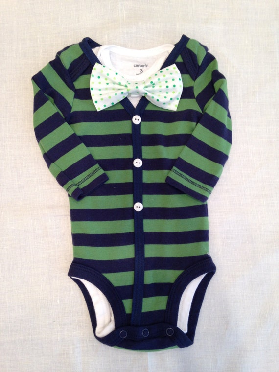 Items similar to Green/Navy Striped Baby Boy Cardigan Bodysuit with