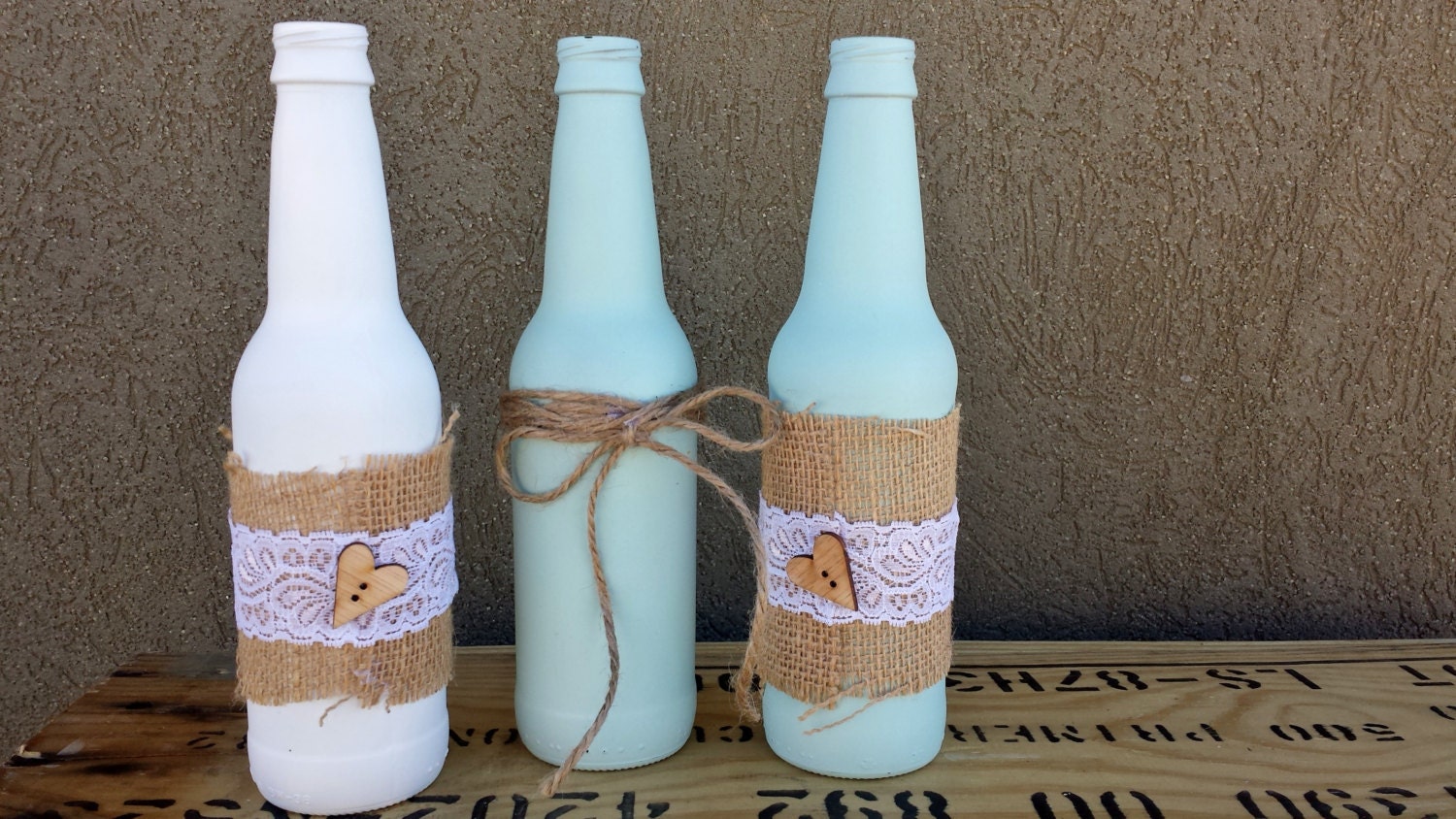 Items similar to Decorative Glass Bottles with Lace and Burlap on Etsy